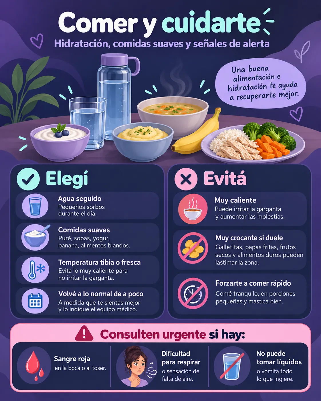 Infografía con agua, comidas suaves y señales de alerta tras cirugía de garganta