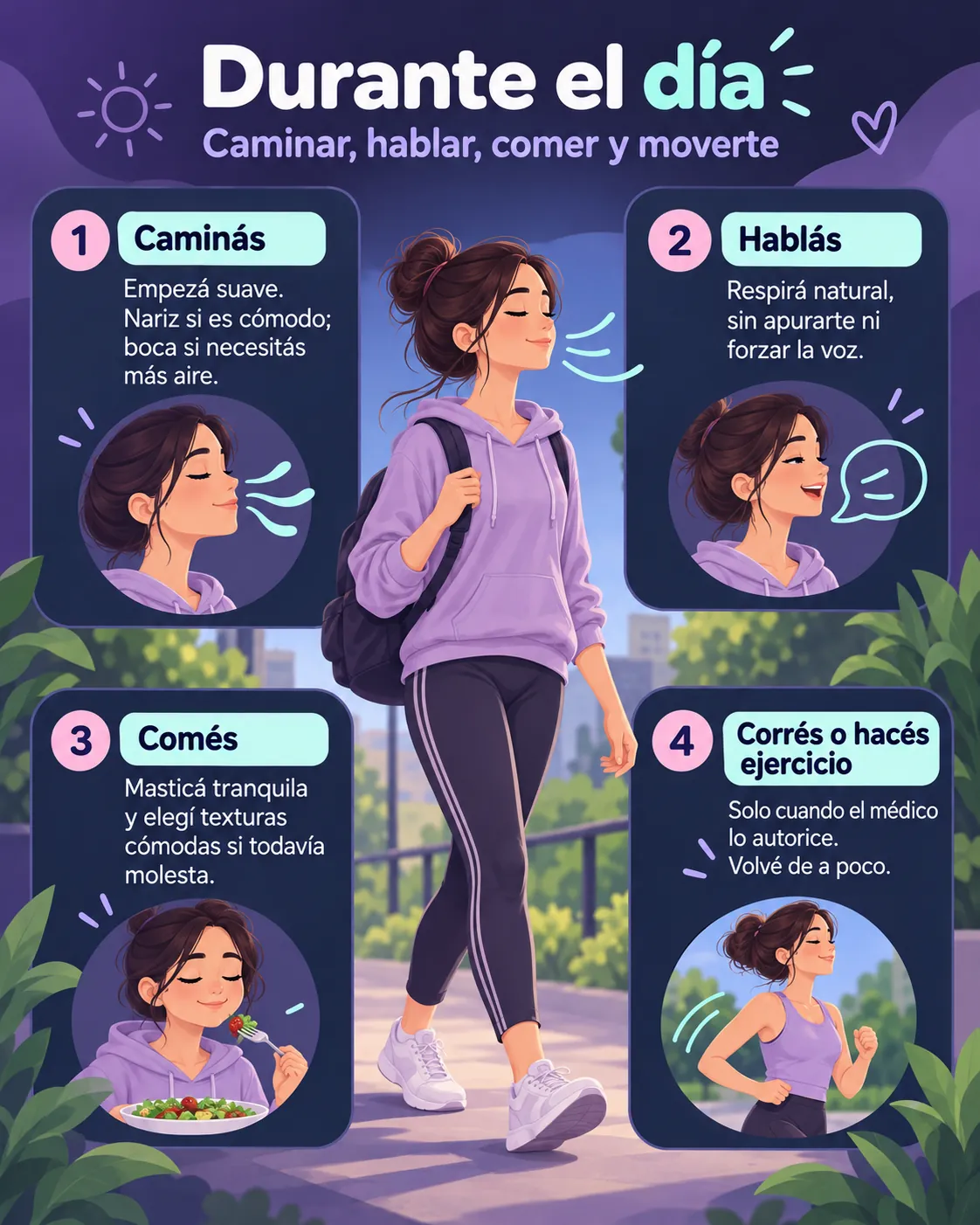 Infografía sobre caminar, hablar, comer y hacer ejercicio solo después del alta médica