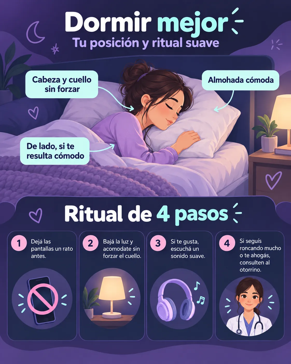 Infografía: descanso de lado si resulta cómodo, cabeza y cuello neutrales, rutina suave para dormir