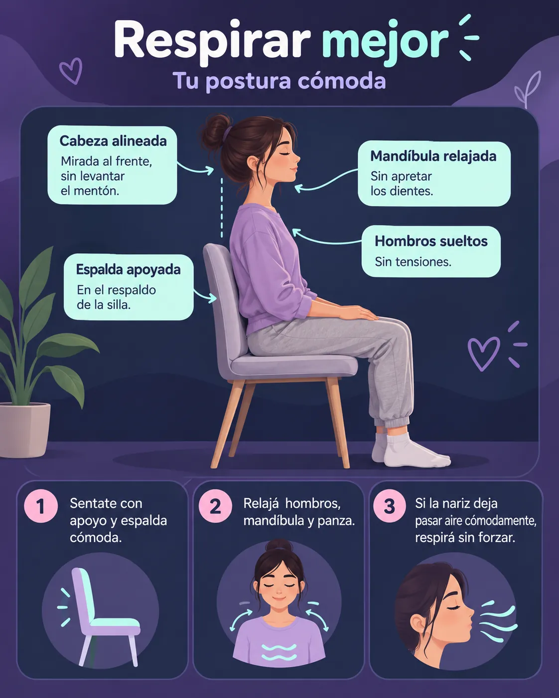 Infografía: postura cómoda, cabeza alineada, espalda apoyada, mandíbula y hombros relajados
